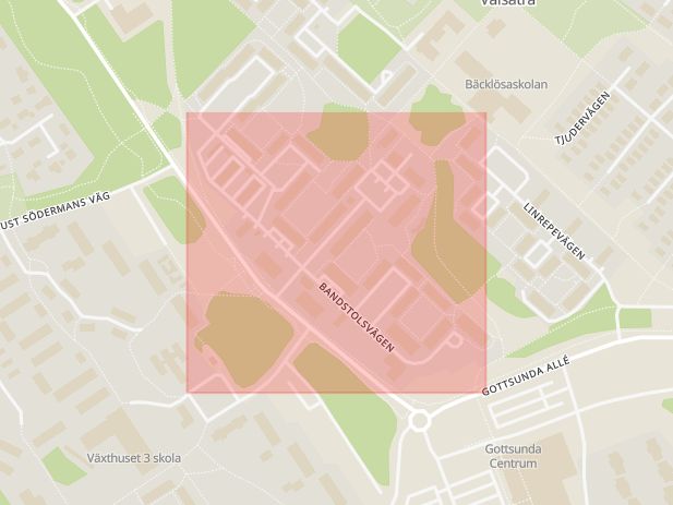 Karta som med röd fyrkant ramar in Bandstolsvägen, Gottsunda, Uppsala, Uppsala län