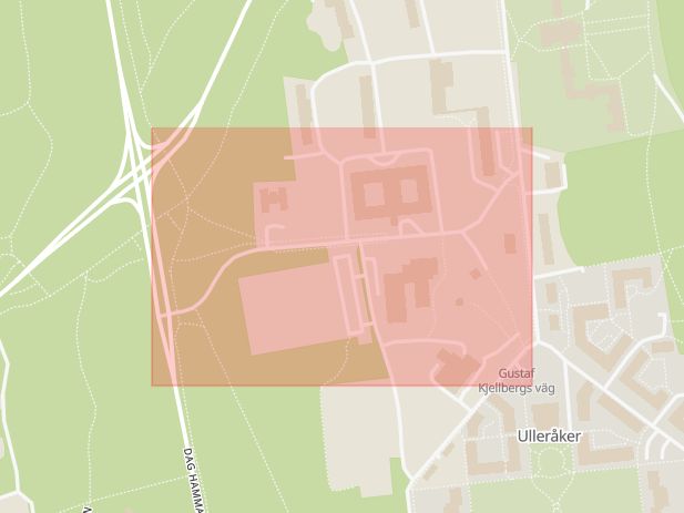 Karta som med röd fyrkant ramar in Ulleråker, Emmy Rappes Väg, Uppsala, Uppsala län