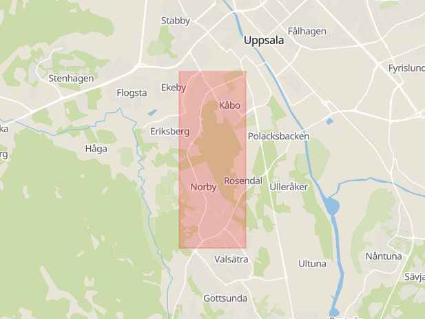 Karta som med röd fyrkant ramar in Norbyvägen, Uppsala, Uppsala län
