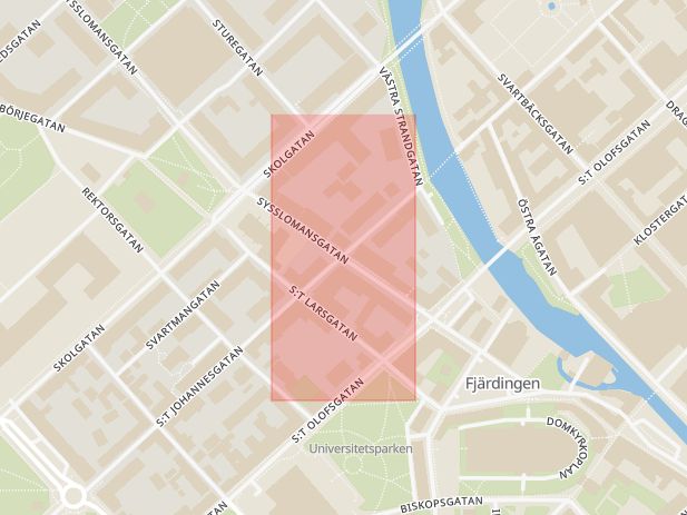 Karta som med röd fyrkant ramar in Sysslomansgatan, Johannesgatan, Uppsala, Uppsala län