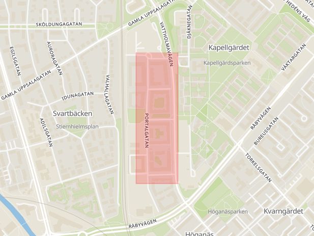 Karta som med röd fyrkant ramar in Portalgatan, Uppsala, Uppsala län