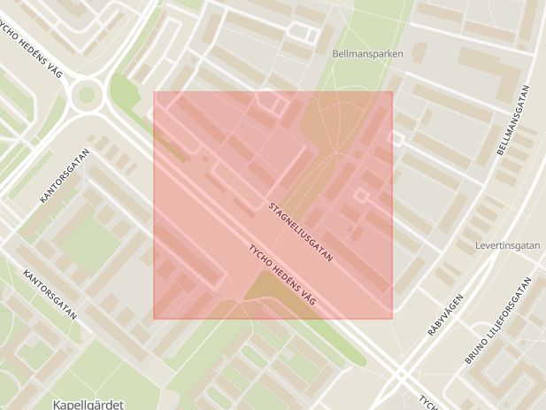 Karta som med röd fyrkant ramar in Stagneliusgatan, Uppsala, Uppsala län