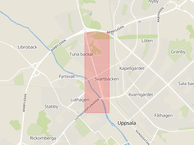 Karta som med röd fyrkant ramar in Svartbäcken, Svartbäcksgatan, Uppsala, Uppsala län