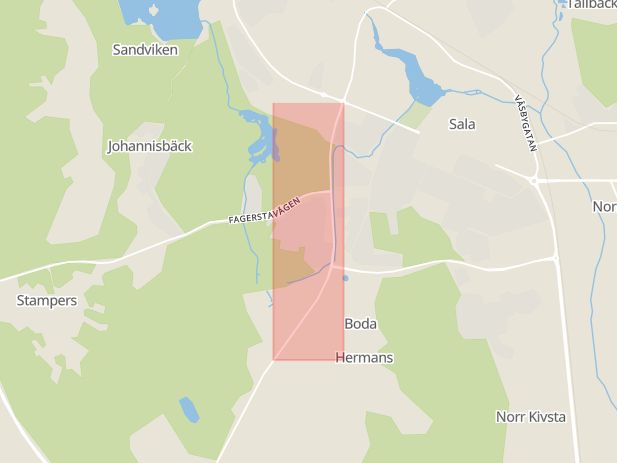Karta som med röd fyrkant ramar in Västeråsleden, Sala, Västmanlands län