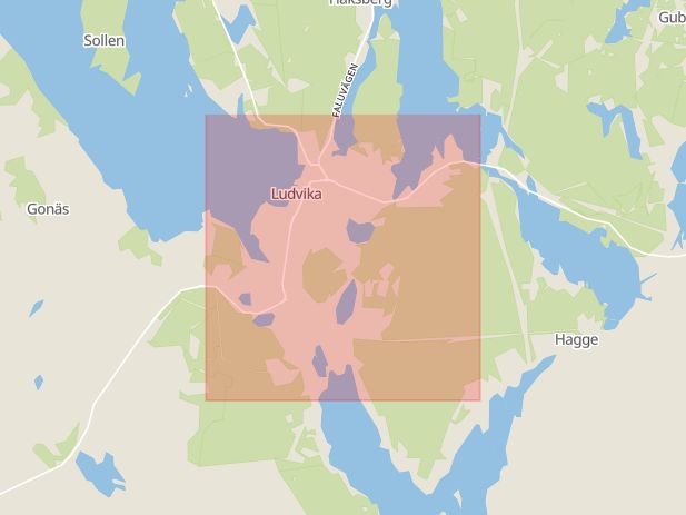 Karta som med röd fyrkant ramar in Falun, Ludvika, Dalarnas län