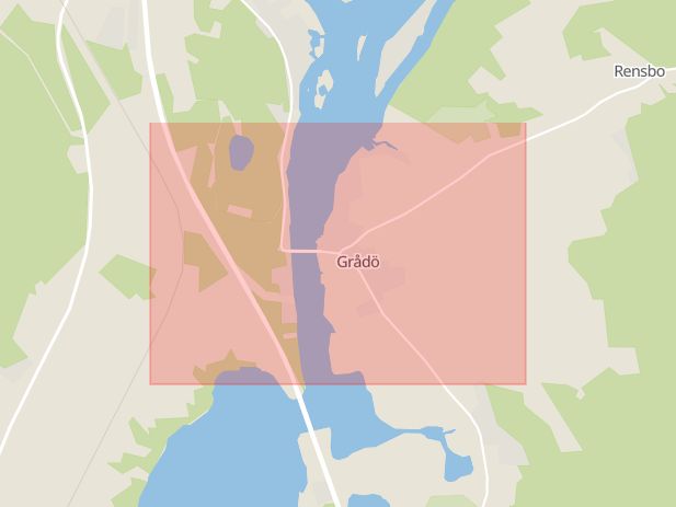 Karta som med röd fyrkant ramar in Rensbo, Grådö, Björklidsvägen, Krylbo, Hedemora, Dalarnas län