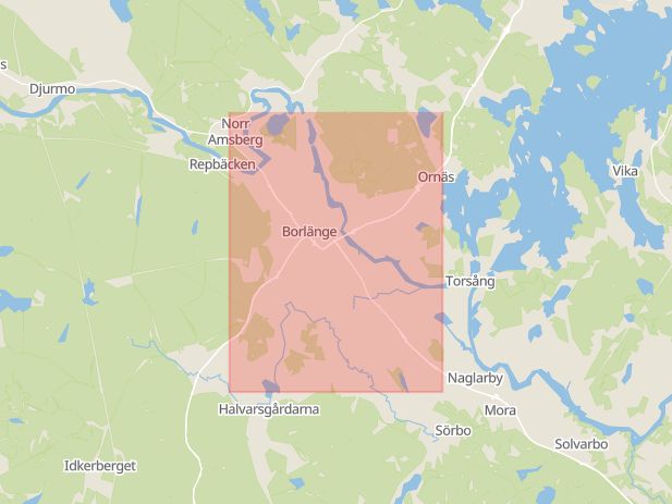 Karta som med röd fyrkant ramar in Borlänge, Smedjebacken, Vasagatan, Älvdalen, Dalarnas län