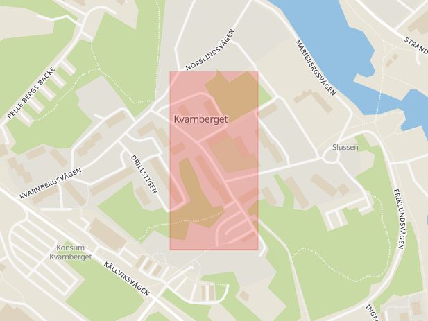 Karta som med röd fyrkant ramar in Kvarnberget, Kvarnbergsvägen, Gryta, Falun, Dalarnas län