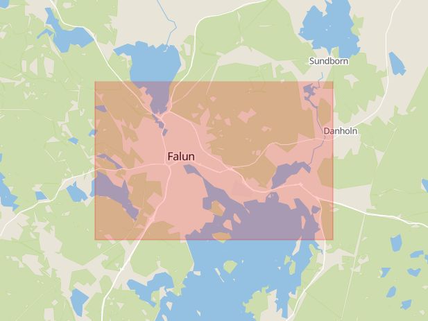 Karta som med röd fyrkant ramar in Borlänge, Leksand, Säter, Falun, Dalarnas län