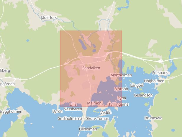 Karta som med röd fyrkant ramar in Norra Sandviken, Sandviken, Gävleborgs län