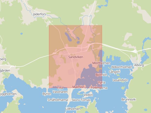 Karta som med röd fyrkant ramar in Södra Sidan, Dalälven, Gävle Sjukhus, Sandviken, Gävleborgs län