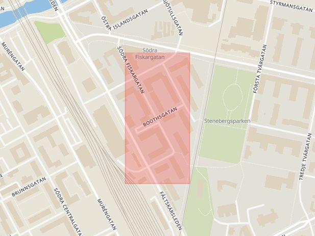 Karta som med röd fyrkant ramar in Boothsgatan, Brynäs, Gävle, Gävleborgs län