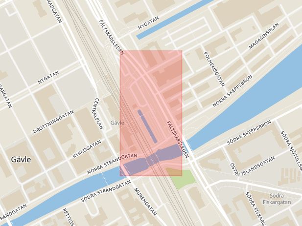 Karta som med röd fyrkant ramar in Hamntorget, Gävle, Gävleborgs län
