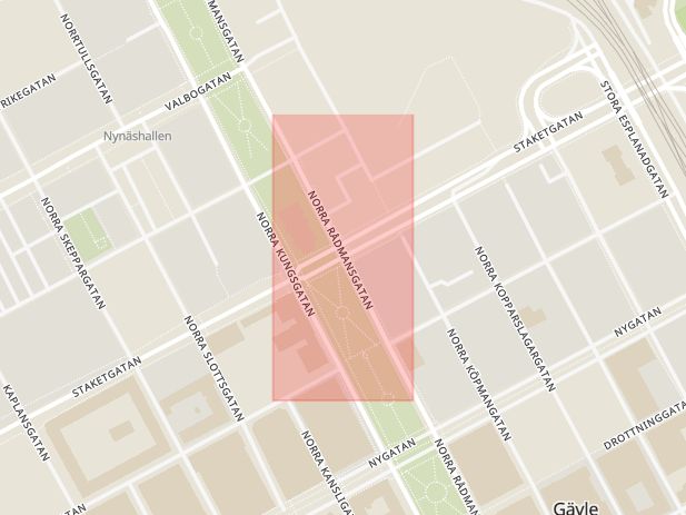 Karta som med röd fyrkant ramar in Norra Rådmansgatan, Staketgatan, Gävle, Gävleborgs län