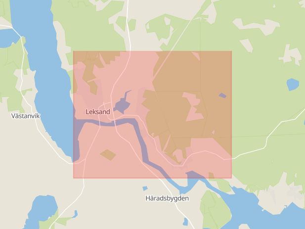 Karta som med röd fyrkant ramar in Dalarna, Vansbro, Falun, Leksand, Dalarnas län