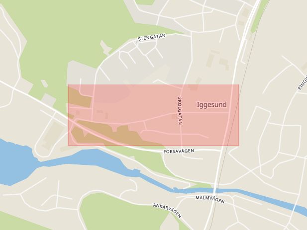 Karta som med röd fyrkant ramar in Centralgatan, Hudiksvall, Gävleborgs län