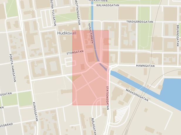 Karta som med röd fyrkant ramar in Stora Kyrkogatan, Hudiksvall, Gävleborgs län