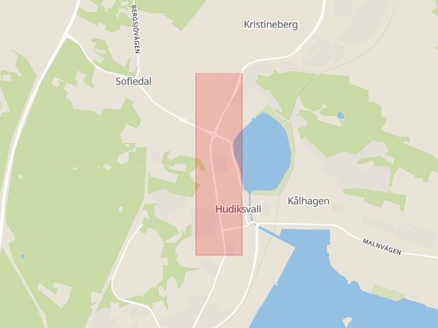 Karta som med röd fyrkant ramar in Kungsgatan, Hudiksvall, Gävleborgs län