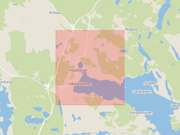Karta som med röd fyrkant ramar in Hudiksvall, Sundsvall, Gävleborgs län