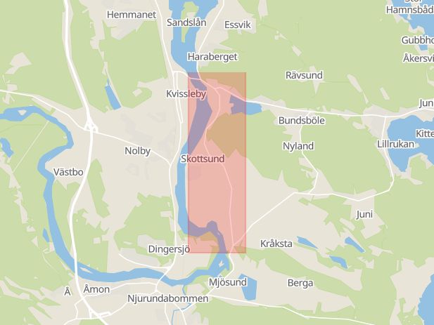 Karta som med röd fyrkant ramar in Essvik, Skottsundsvägen, Sundsvall, Västernorrlands län