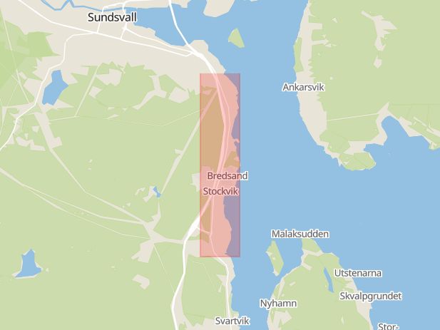 Karta som med röd fyrkant ramar in Kustvägen, Bredsand, Krånge, Nackstavägen, Birsta, Sundsvall, Västernorrlands län
