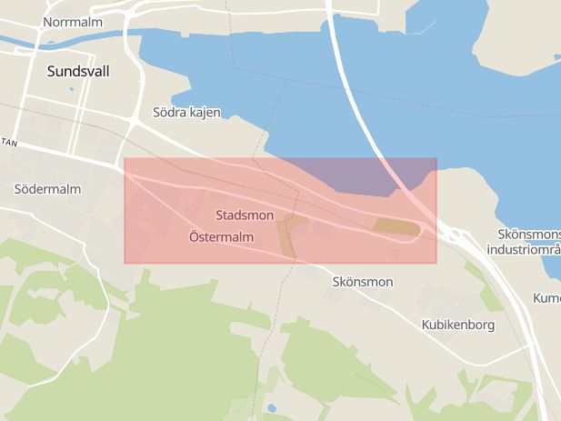 Karta som med röd fyrkant ramar in Björneborgsgatan, Inre Hamnen, Sundsvall, Västernorrlands län