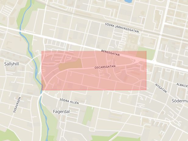 Karta som med röd fyrkant ramar in Allsta, Klingsta, Oscarsgatan, Sundsvall, Västernorrlands län