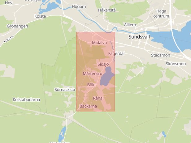 Karta som med röd fyrkant ramar in Sallyhillsvägen, Södermalm, Sidsjövägen, Sundsvall, Västernorrlands län
