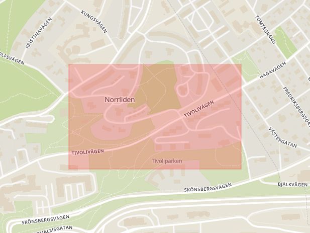 Karta som med röd fyrkant ramar in Haga, Norrlidsgatan, Sundsvall, Västernorrlands län