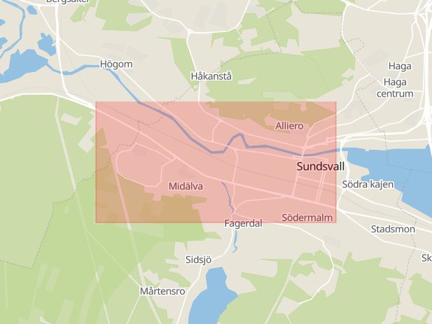Karta som med röd fyrkant ramar in Bergsgatan, Sundsvall, Västernorrlands län