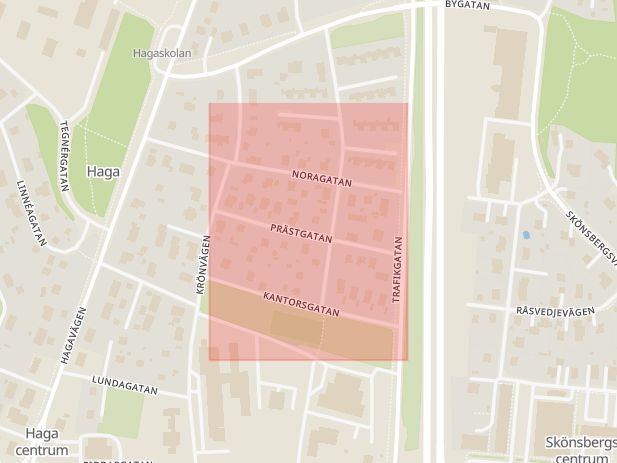 Karta som med röd fyrkant ramar in Prästgatan, Haga, Vattjom, Sundsvall, Västernorrlands län