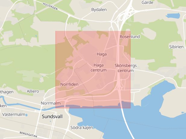 Karta som med röd fyrkant ramar in Skönsbergsvägen, Sundsvall, Västernorrland, Västernorrlands län