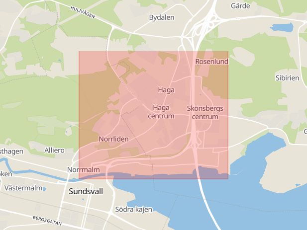 Karta som med röd fyrkant ramar in Skönsbergsvägen, Haga, Sundsvall, Västernorrlands län