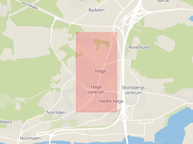 Karta som med röd fyrkant ramar in Hagavägen, Haga, Sundsvall, Västernorrlands län
