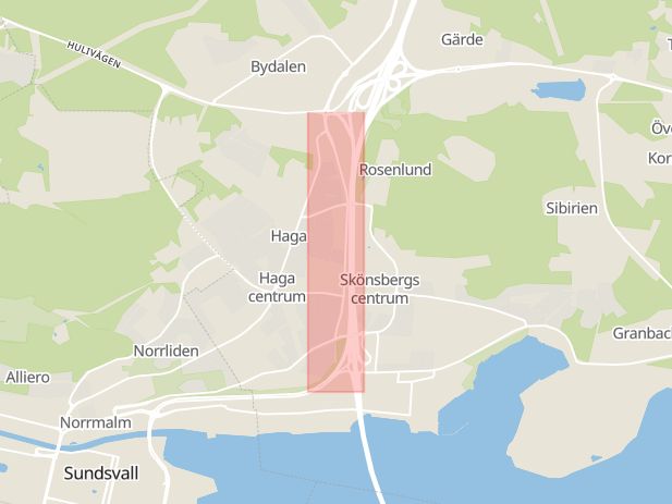 Karta som med röd fyrkant ramar in Trafikgatan, Haga, Sundsvall, Västernorrlands län