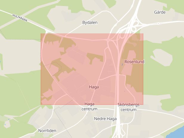 Karta som med röd fyrkant ramar in Bergsåker, Haga, Sundsvall, Västernorrlands län