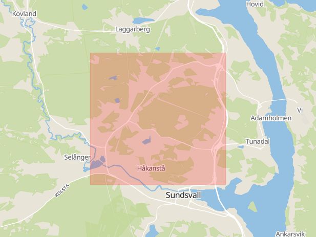 Karta som med röd fyrkant ramar in Timmervägen, Gudmundsbyn, Härnösand, Sundsvalls Kommun, Västernorrlands län