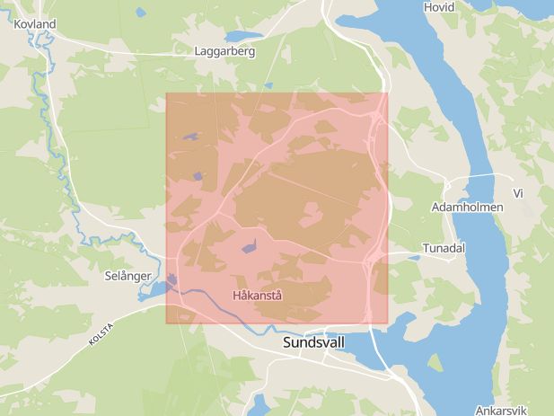 Karta som med röd fyrkant ramar in Bergsåker, Timmervägen, Högsta, Sundsvall, Västernorrlands län