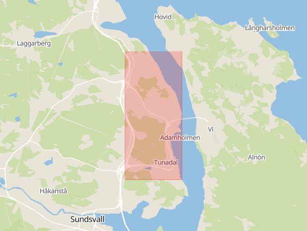 Karta som med röd fyrkant ramar in Tunadal, Johannedalsvägen, Sundsvall, Västernorrlands län