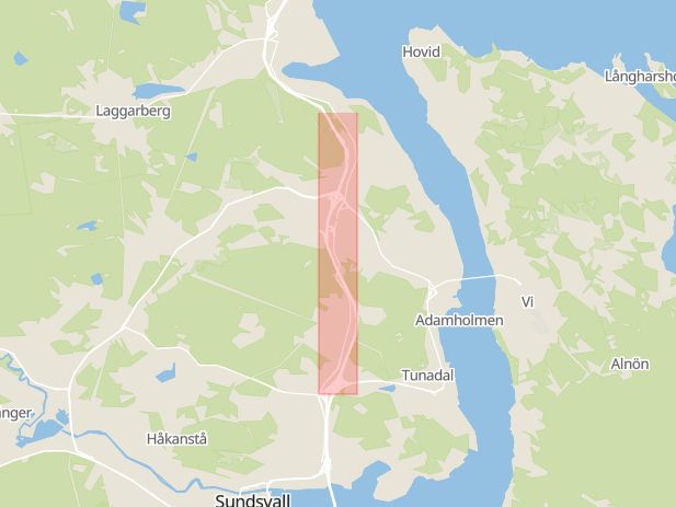 Karta som med röd fyrkant ramar in Norra Vägen, Sundsvall, Västernorrlands län