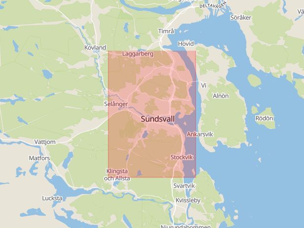 Karta som med röd fyrkant ramar in Härnösand, Gådeåstaden, Kramfors, Industrivägen, Brunne, Örnsköldsvik, Sundsvall, Västernorrlands län