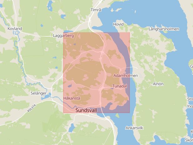 Karta som med röd fyrkant ramar in Sundsvall, Skönsberg, Haga, Västernorrland län, Västernorrlands län