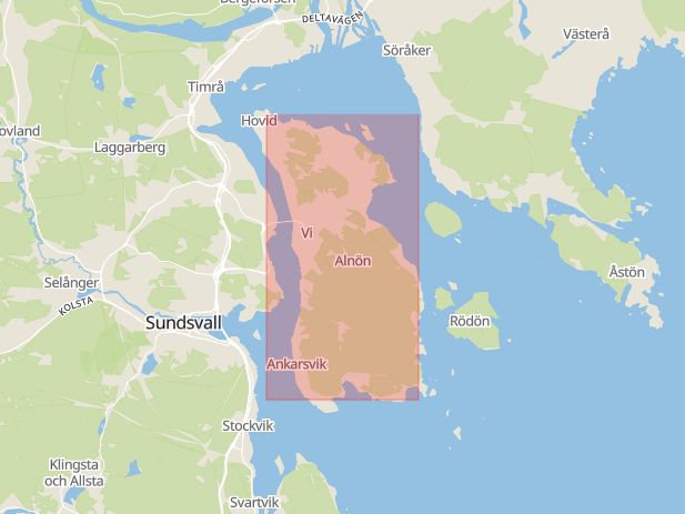 Karta som med röd fyrkant ramar in Sundsvall, Alnön, Södra Vägen, Granudden, Västernorrlands län