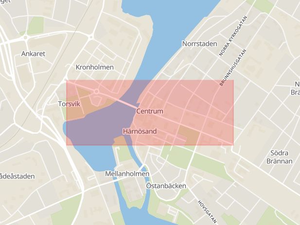 Karta som med röd fyrkant ramar in Nybrogatan, Härnösand, Västernorrlands län