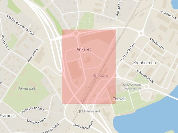 Karta som med röd fyrkant ramar in Härnösand, Kaptensgatan, Västernorrland, Västernorrlands län