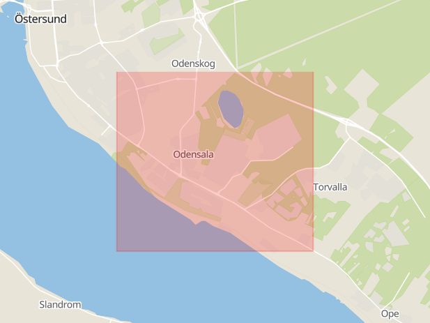 Karta som med röd fyrkant ramar in Östersund, Odensala, Berg, Svenstavik, Jämtlands län