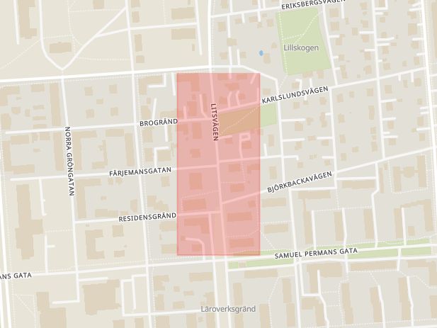 Karta som med röd fyrkant ramar in Färjemansgatan, Litsvägen, Östersund, Jämtlands län
