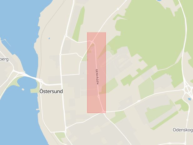 Karta som med röd fyrkant ramar in Genvägen, Östersunds Kommun, Östersund, Jämtlands län