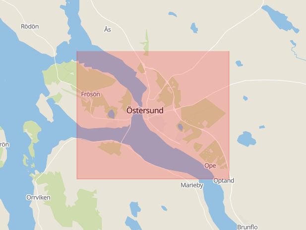 Karta som med röd fyrkant ramar in Östersunds Centrum, Östersund, Jämtlands län