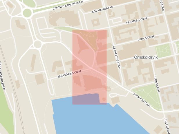 Karta som med röd fyrkant ramar in Strandgatan, Järnvägsgatan, Örnsköldsvik, Västernorrlands län